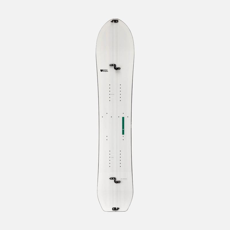 Topsheet of white and green splitboard snowboard Covert by United Shapes