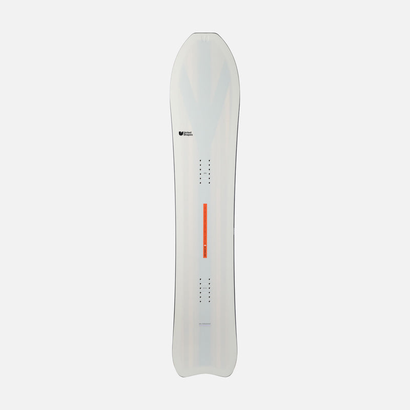 Topsheet of white and red powder snowboard Deep Reach by United Shapes