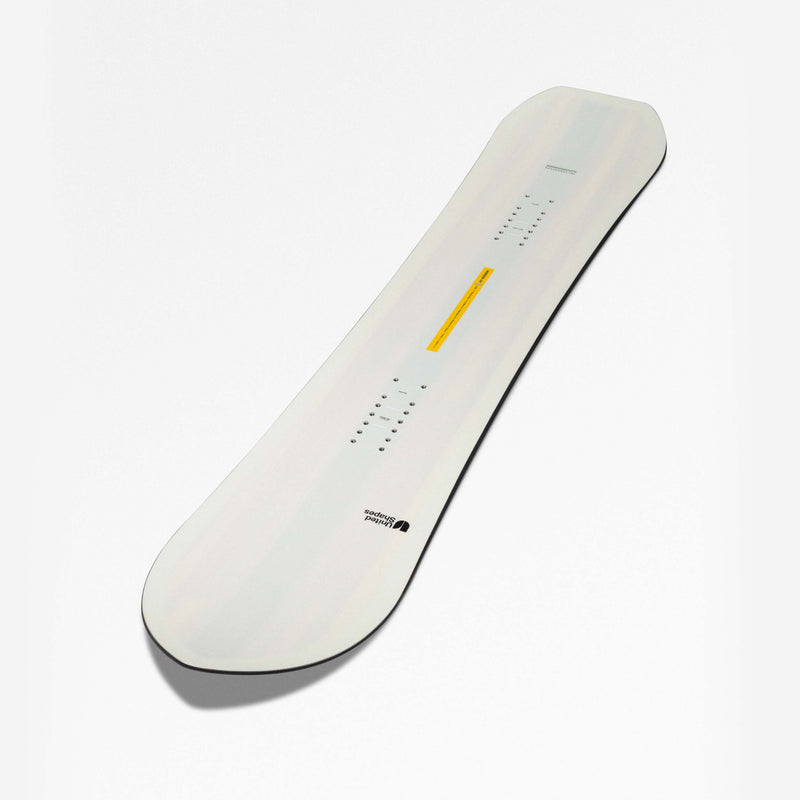 White and yellow freeride and all-mountain snowboard Horizon by United Shapes