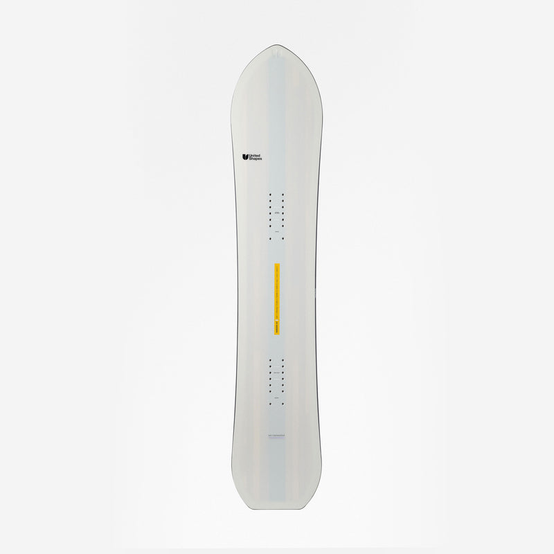 Topsheet of white and yellow freeride and all-mountain snowboard Horizon by United Shapes