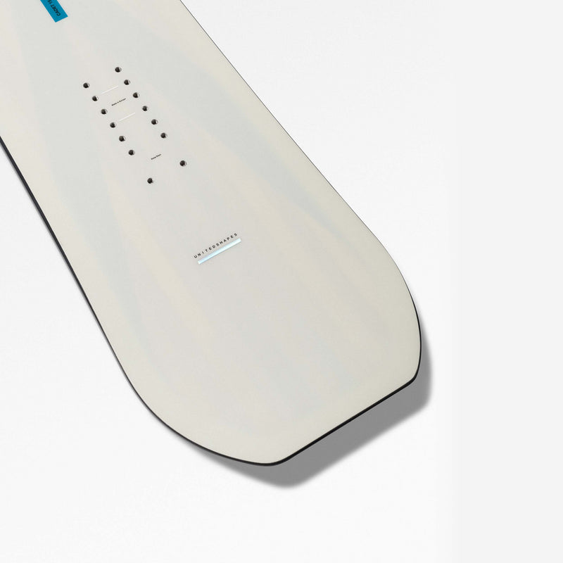 Tail close-up shot of white and blue freeride snowboard Cadet by United Shapes