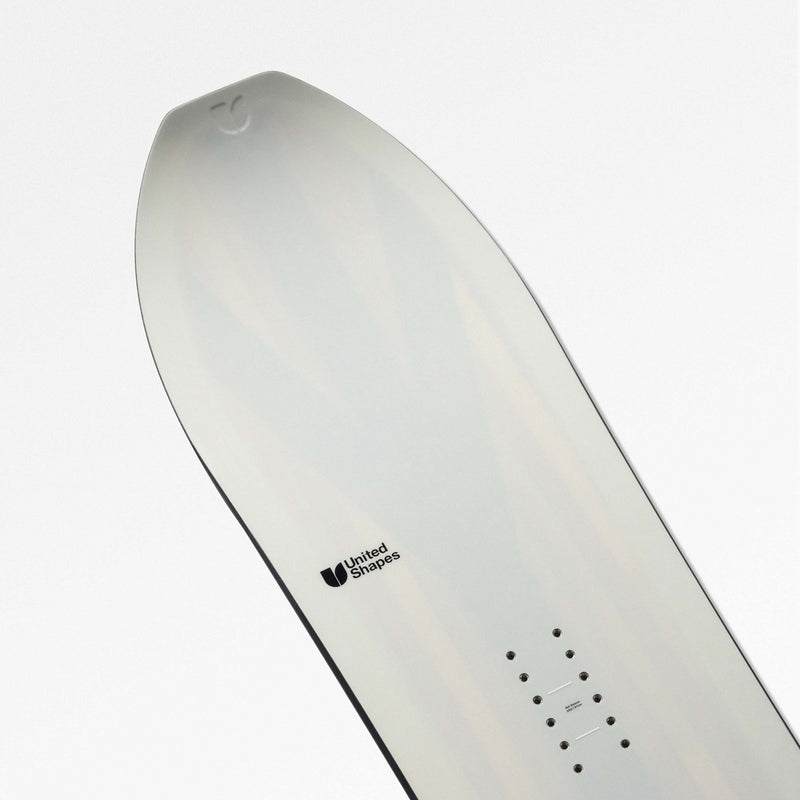 Tail close-up shot of white and red powder snowboard Deep Reach by United Shapes