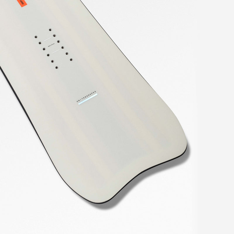 Nose close-up shot of white and red powder snowboard Deep Reach by United Shapes 