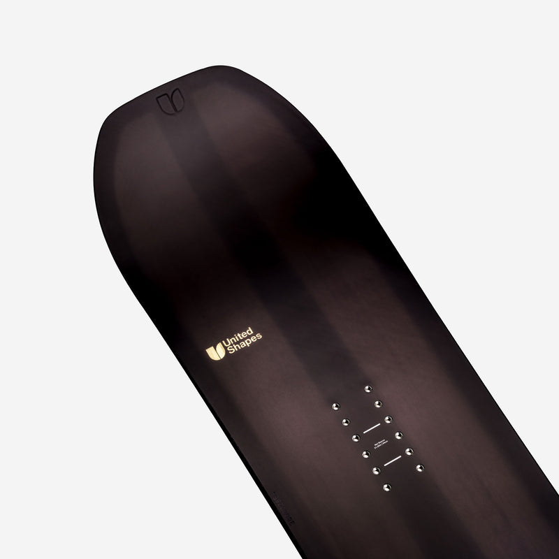 Nose close-up shot of black freestyle snowboard Object by United Shapes